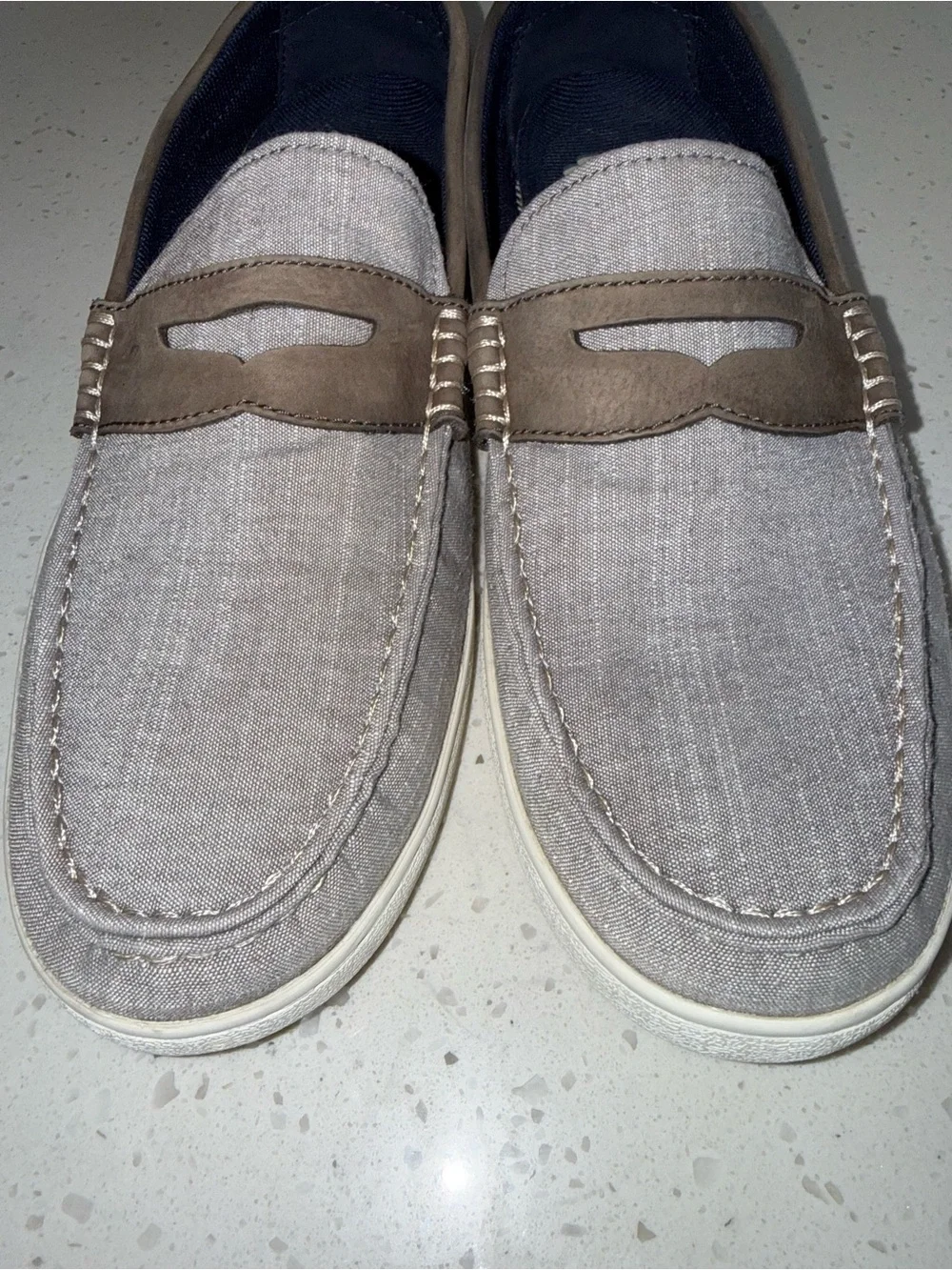 Cole Haan Gray Fabric Slip-On Loafers with Brown Trim